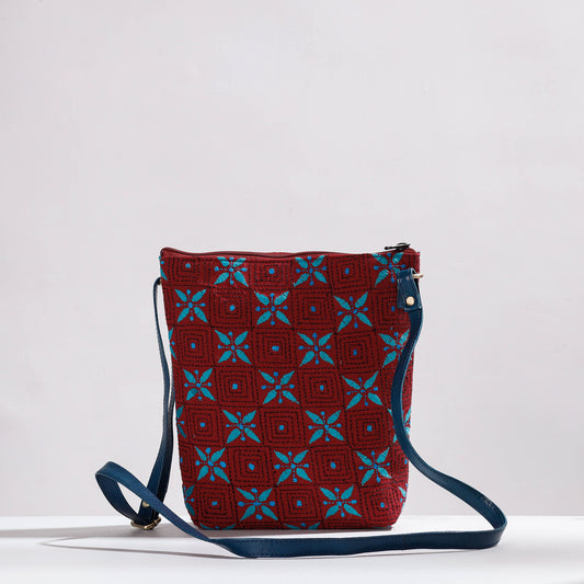 Maroon - Handcrafted Kantha Embroidery Cotton & Leather Sling Bag