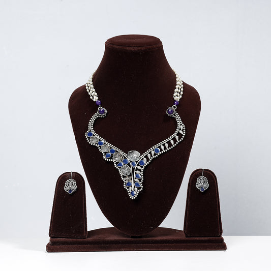 Antique Silver Finish Oxidised Brass Base Stone & Bead Work Necklace Set