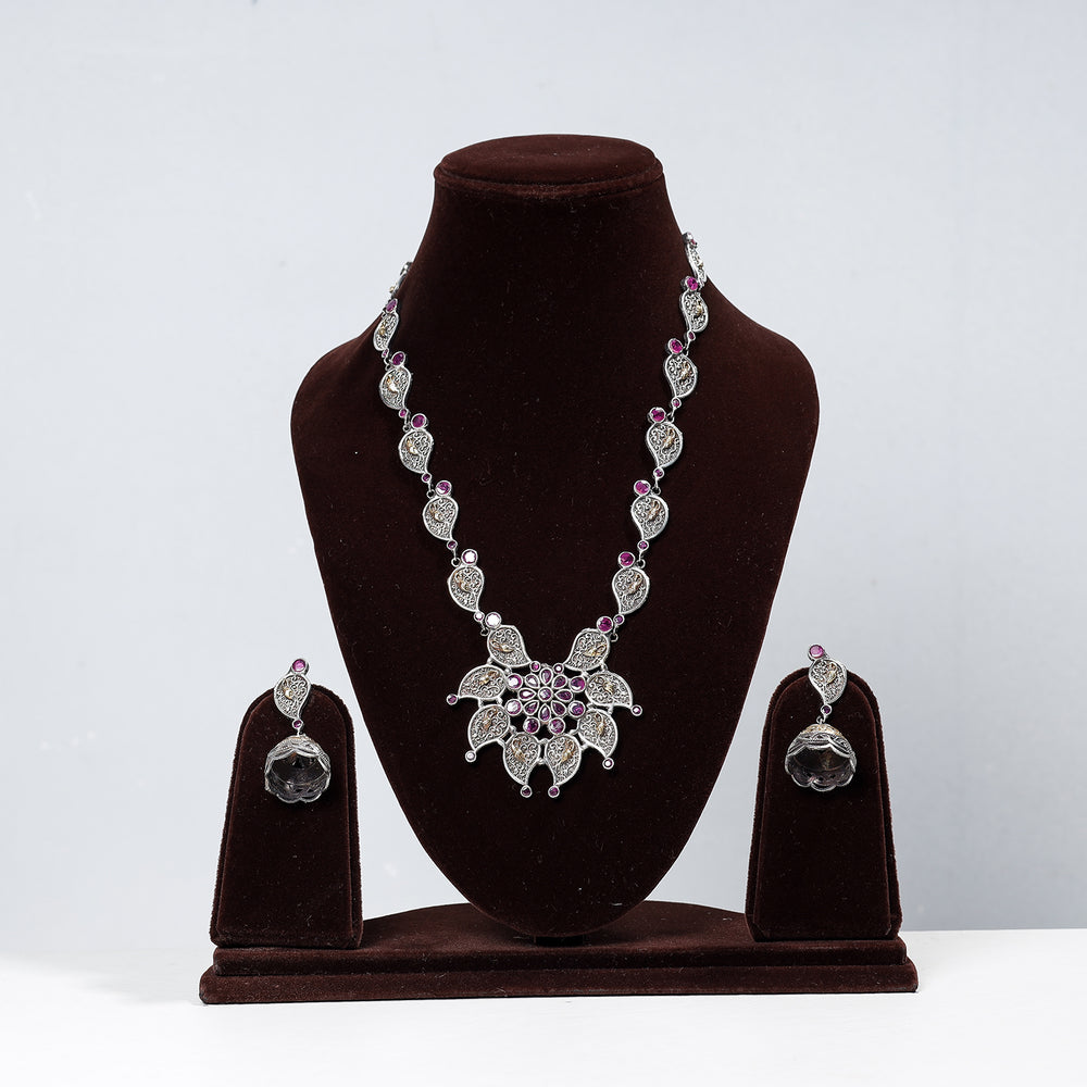 Antique Dual Tone Oxidised Brass Base Stone Necklace Set
