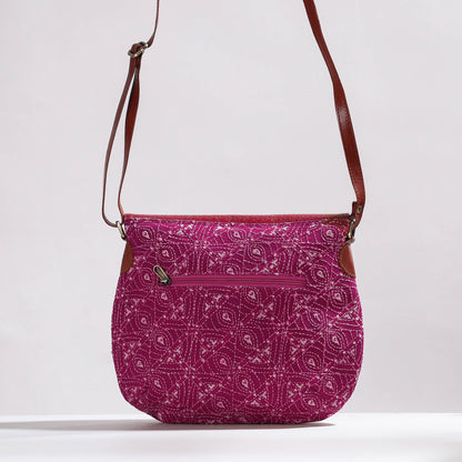 Pink - Handcrafted Kantha Embroidery Cotton & Embossed Leather Sling Bag