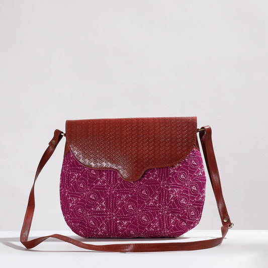 Pink - Handcrafted Kantha Embroidery Cotton & Embossed Leather Sling Bag