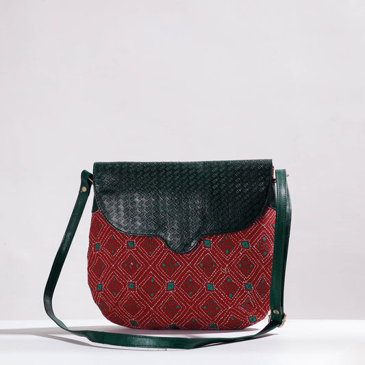 Red - Handcrafted Kantha Embroidery Cotton & Embossed Leather Sling Bag