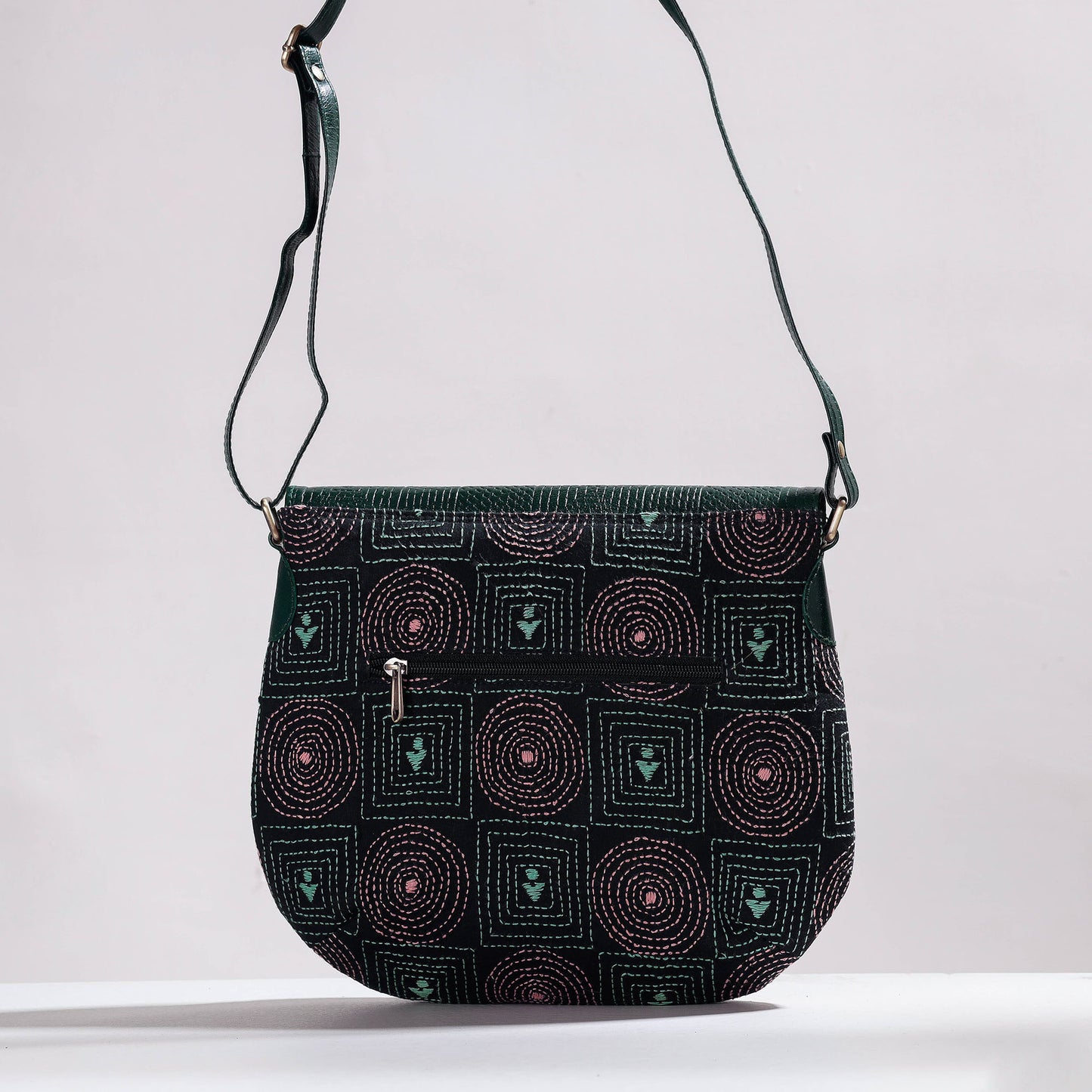 Black - Handcrafted Kantha Embroidery Cotton & Embossed Leather Sling Bag
