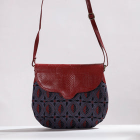  Handcrafted Kantha Embroidery Cotton & Embossed Leather Sling Bag 