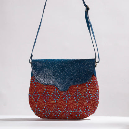 Blue - Handcrafted Kantha Embroidery Cotton & Embossed Leather Sling Bag