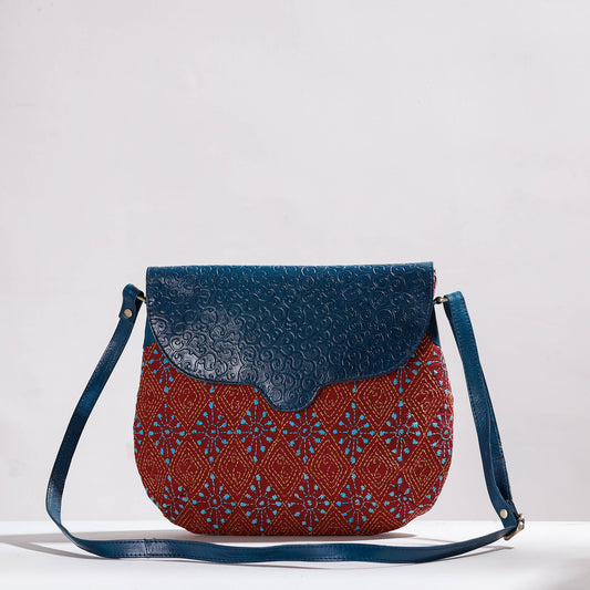 Blue - Handcrafted Kantha Embroidery Cotton & Embossed Leather Sling Bag