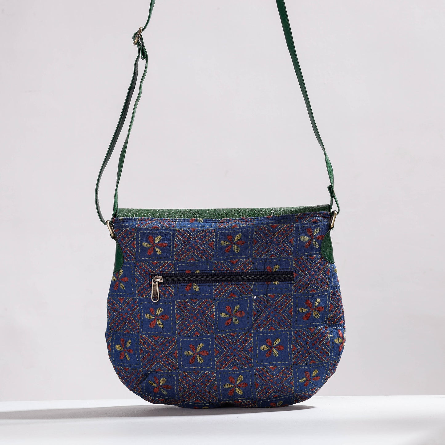 Green - Handcrafted Kantha Embroidery Cotton & Embossed Leather Sling Bag