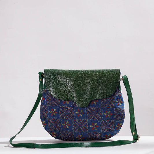 Green - Handcrafted Kantha Embroidery Cotton & Embossed Leather Sling Bag