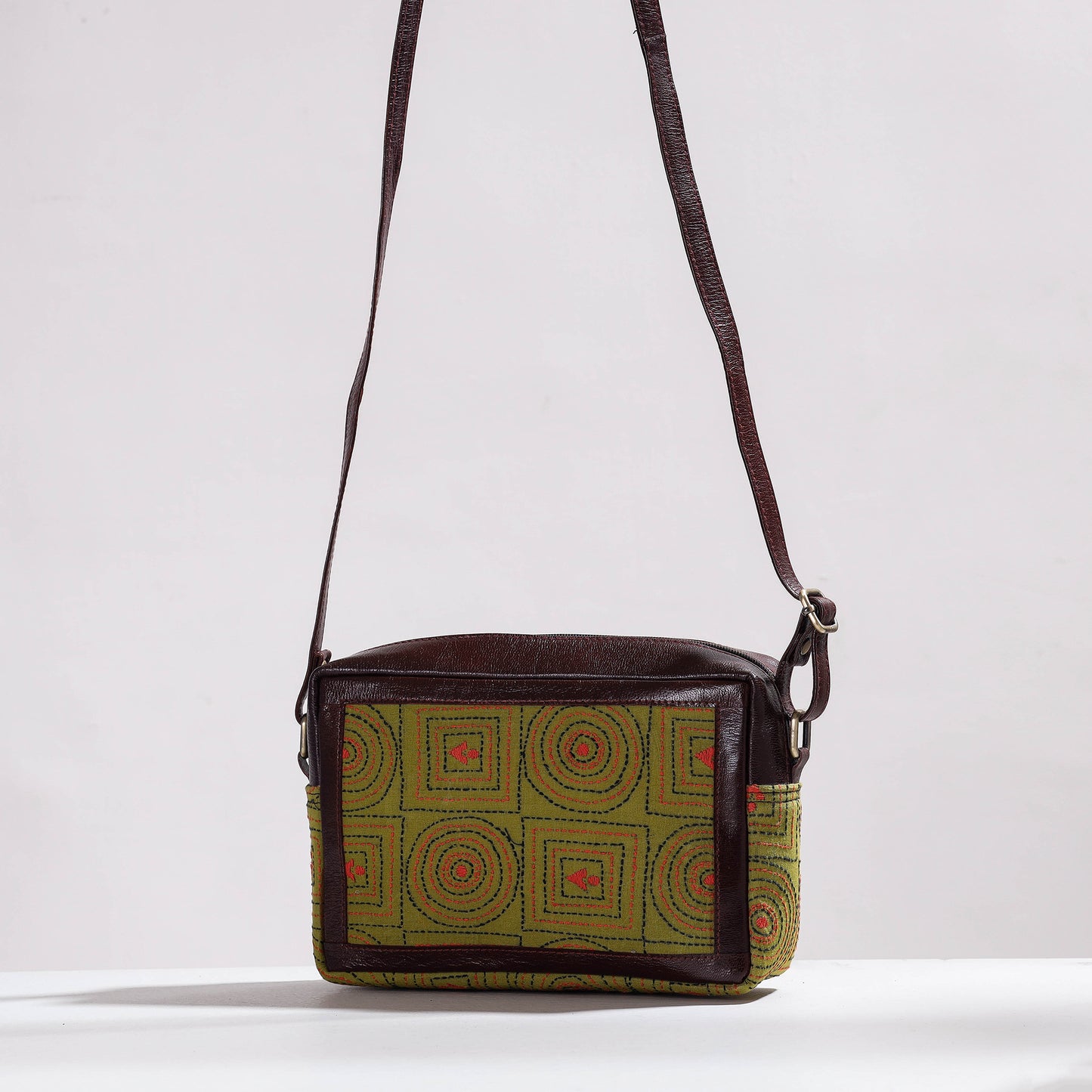 Green - Handcrafted Kantha Embroidery Cotton & Leather Sling Bag