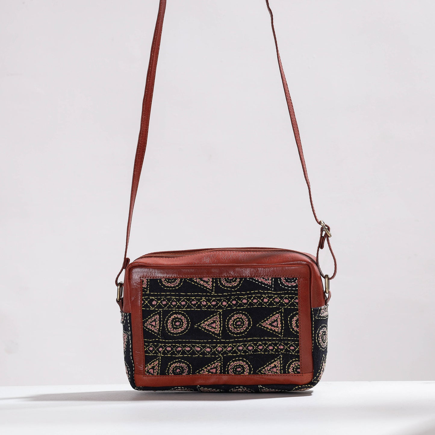 Brown - Handcrafted Kantha Embroidery Cotton & Leather Sling Bag