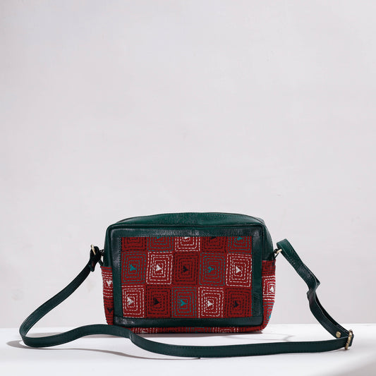 Green - Handcrafted Kantha Embroidery Cotton & Leather Sling Bag