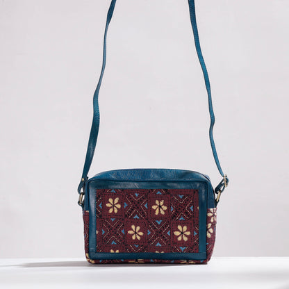 Blue - Handcrafted Kantha Embroidery Cotton & Leather Sling Bag