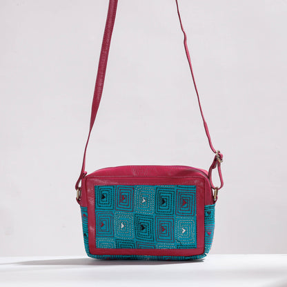Pink - Handcrafted Kantha Embroidery Cotton & Leather Sling Bag