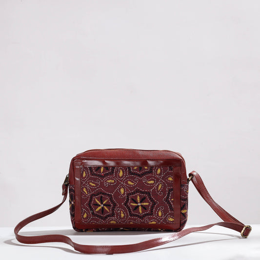 Brown - Handcrafted Kantha Embroidery Cotton & Leather Sling Bag