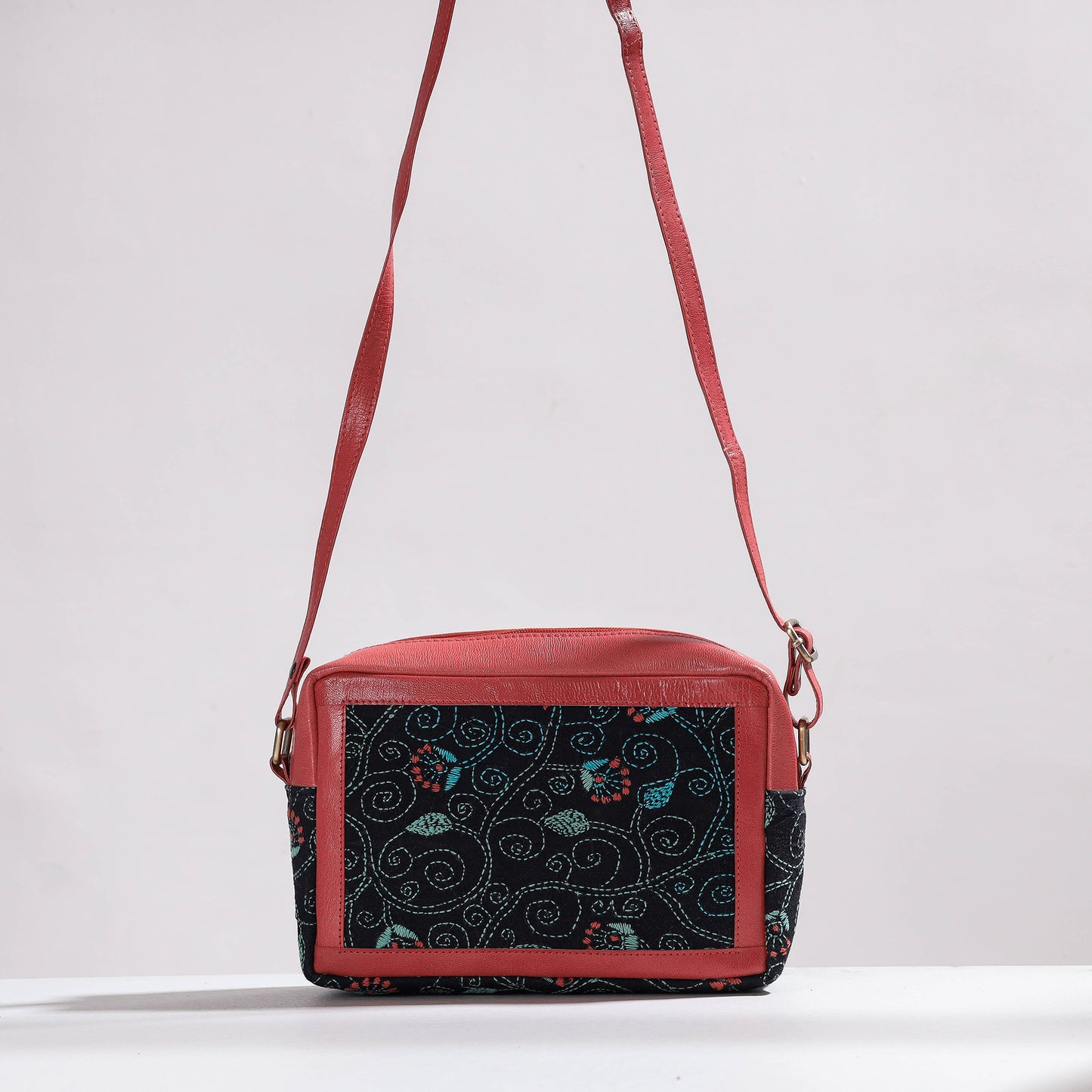 Red - Handcrafted Kantha Embroidery Cotton & Leather Sling Bag