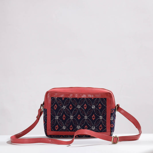 Red - Handcrafted Kantha Embroidery Cotton & Leather Sling Bag