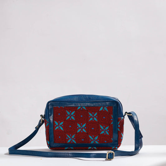 Blue - Handcrafted Kantha Embroidery Cotton & Leather Sling Bag