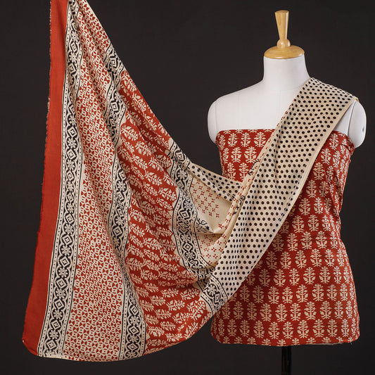 Orange - 3pc Bagru Block Printing Cotton Suit Material Set