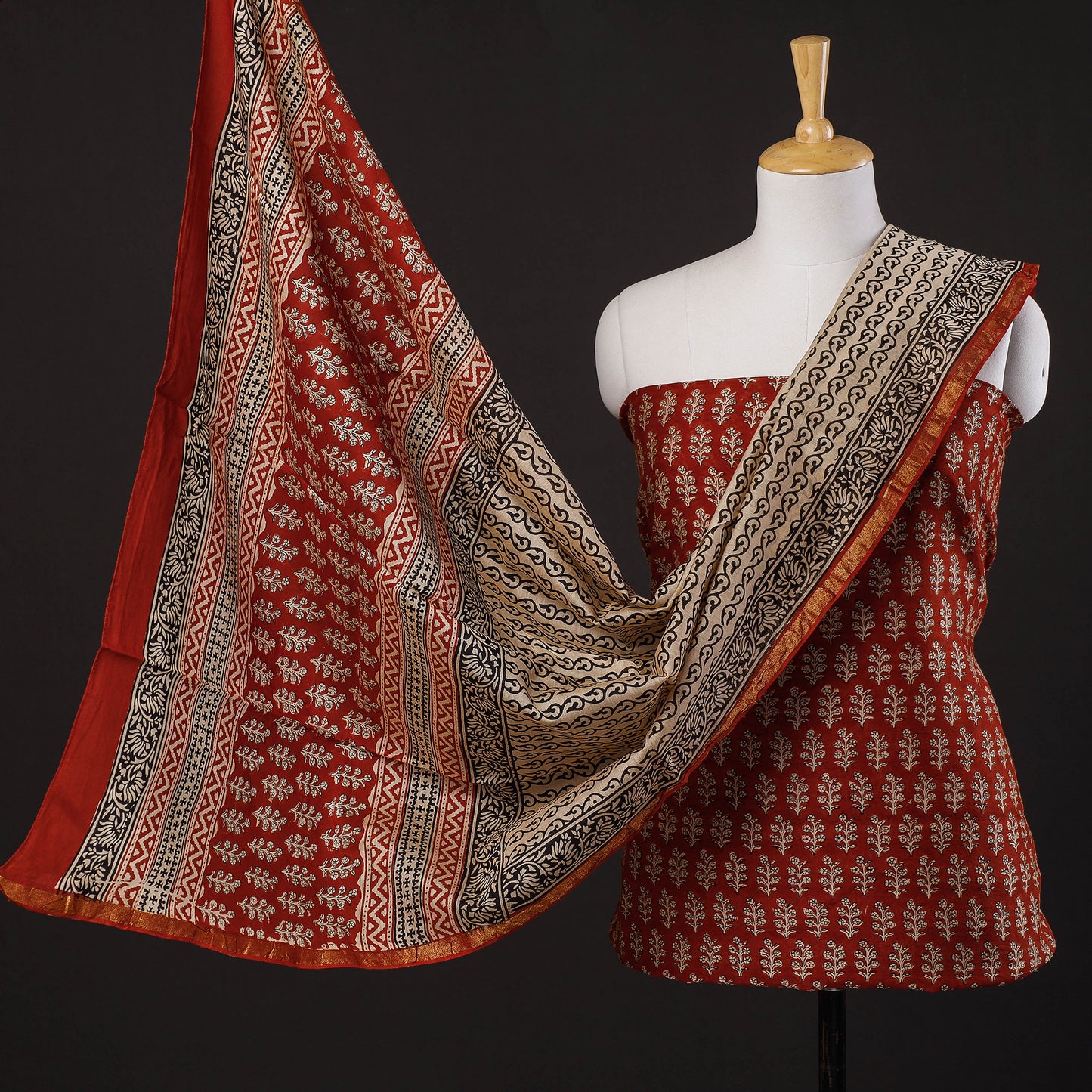 Red - 3pc Bagru Block Printing Chanderi Silk Suit Material Set