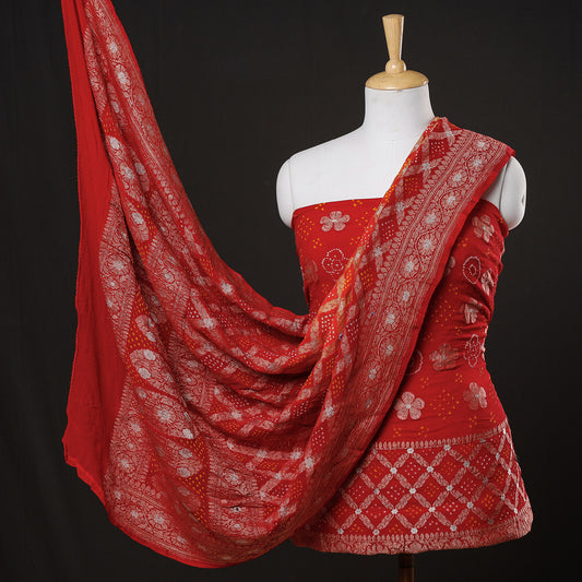 Red - 3pc Pure Georgette Banarasi Zari & Kutch Bandhani Heavy Work Suit Material Set