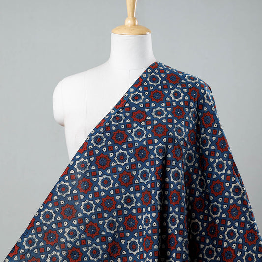 Multicolor - Blue With Red Motifs Ajrakh Hand Block Printed Cotton Fabric