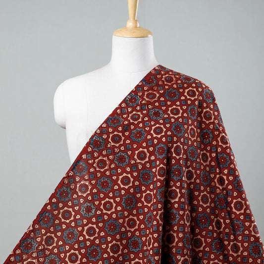 Red Geometrical Pattern Ajrakh Hand Block Printed Cotton Fabric
