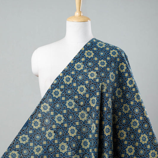 Blue Patterned Flower Ajrakh Hand Block Printed Cotton Fabric