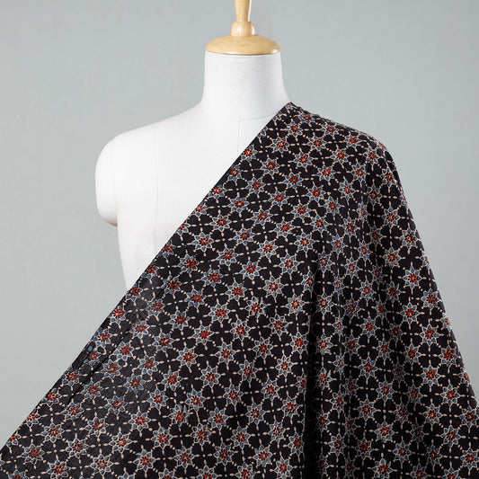 Black - Floral Patterned Black Ajrakh Hand Block Printed Cotton Fabric