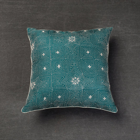 Green - Bengal Kantha Embroidery Tussar Silk Cushion Cover (16 x 16 in)