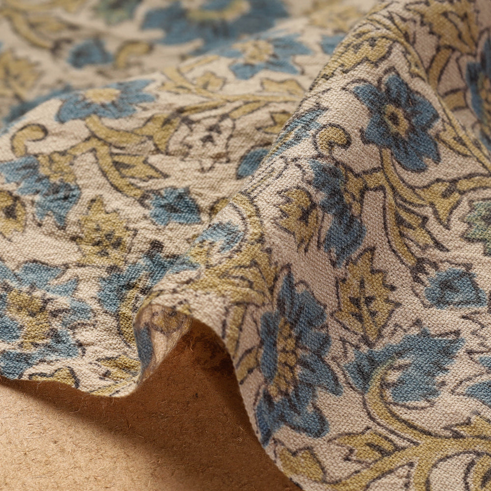 Beige -Bluets Floral Merino Wool Ajrakh Hand Block Printed Handloom Fabric