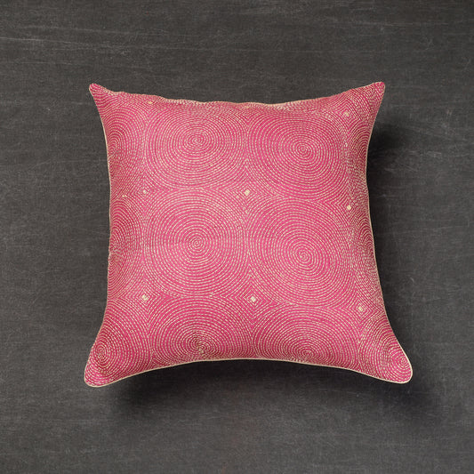 Pink - Bengal Kantha Embroidery Tussar Silk Cushion Cover (16 x 16 in)