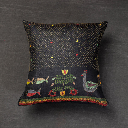 Black - Bengal Kantha Embroidery Mulberry Tussar Silk Cushion Cover (16 x 16 in)