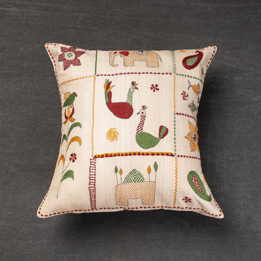 Beige - Bengal Kantha Embroidery Mulberry Tussar Silk Cushion Cover (16 x 16 in)