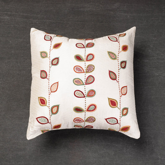 White - Bengal Kantha Embroidery Mulberry Silk Cushion Cover (16 x 16 in)