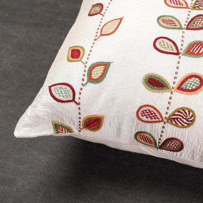 White - Bengal Kantha Embroidery Mulberry Silk Cushion Cover (16 x 16 in)