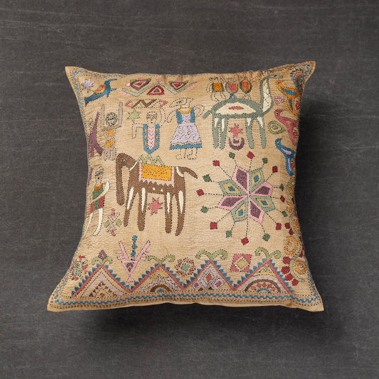 Beige - Bengal Kantha Embroidery Mulberry Silk Cushion Cover (16 x 16 in)
