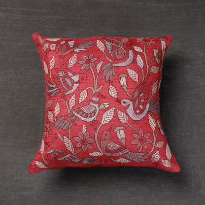 Red - Bengal Kantha Embroidery Mulberry Tussar Silk Cushion Cover (16 x 16 in)