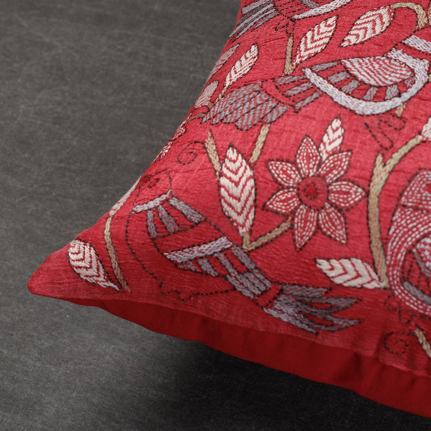 Red - Bengal Kantha Embroidery Mulberry Tussar Silk Cushion Cover (16 x 16 in)