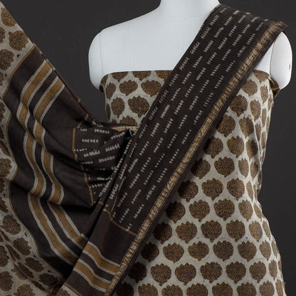 Brown - 3pc Akola Block Printed Cotton Suit Material Set