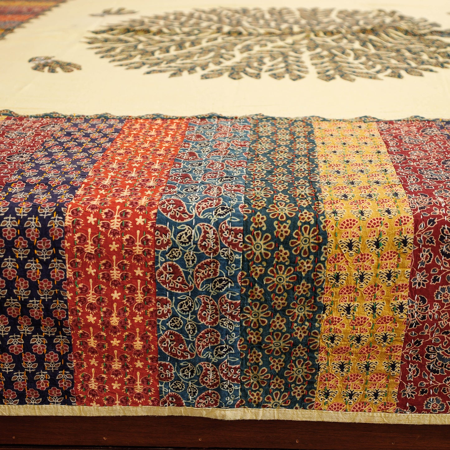 Multicolor - Tree Of Life Ajrakh Applique Patchwork Kantha Cotton Double Bed Cover (105 x 90 in)