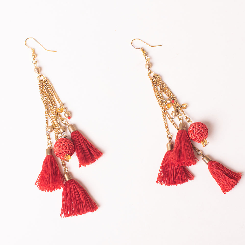 Samoolam Handmade Crochet Swing Earrings ~ Red Tassel