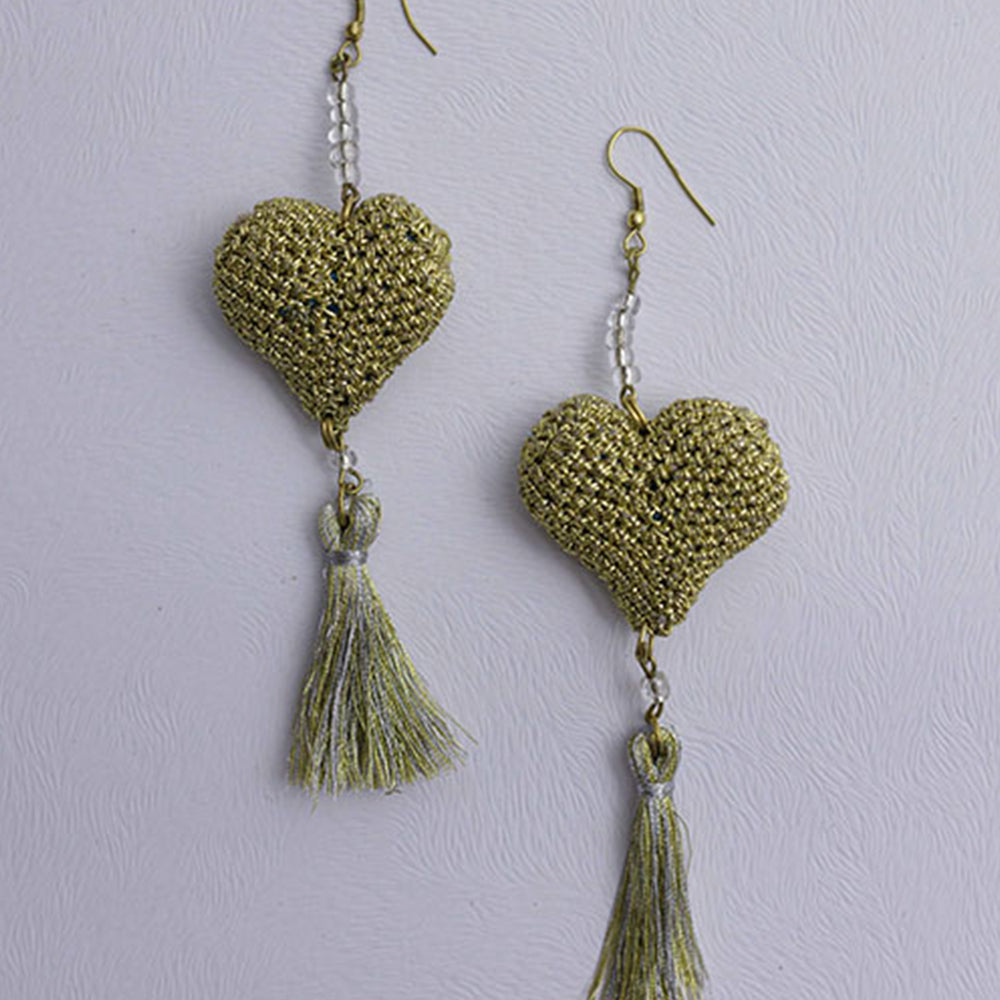 Samoolam Handmade Crochet Valentine Heart Earrings ~ Gold