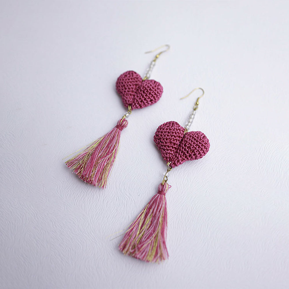 Samoolam Handmade Crochet Valentine Heart Earrings ~ Pink
