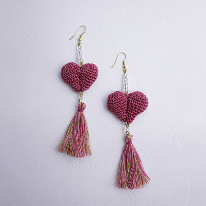 Samoolam Handmade Crochet Valentine Heart Earrings ~ Pink