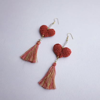 Samoolam Handmade Crochet Valentine Heart Earrings ~ Red