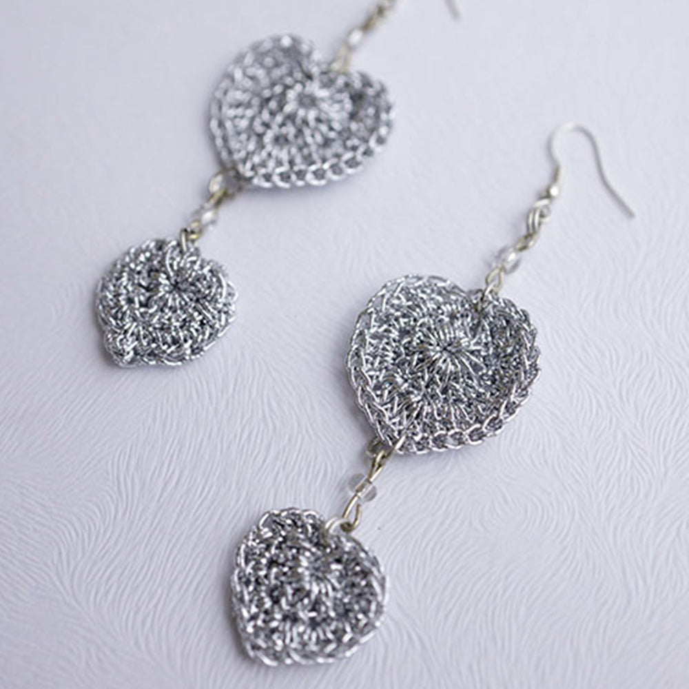 Samoolam Handmade Crochet Valentine Hearts Earrings ~ Grey