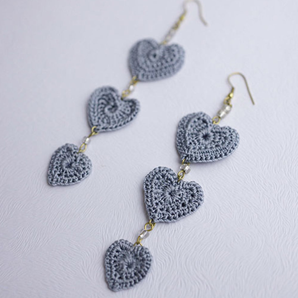 Samoolam Handmade Crochet Valentine Hearts Earrings ~ Grey