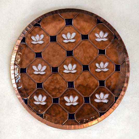 Copper Enamel Wall Plate "Brown Lotus in a Jali" by Ekibeki
