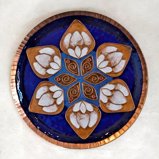 Copper Enamel Wall Plate "Blue Lotus in a Petal" by Ekibeki