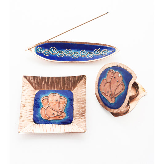 A Ganesha Plate, Kumkum and Agarbatti Holder Set in Copper Enamel by Ekibeki - Blue